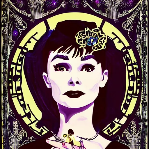 Prompt: powerful female necromancer, audrey hepburn, art nouveau, highly detailed