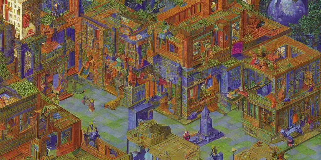 Prompt: the last virtual art museum in a 9 0's video game, made in 1 9 9 0, in the style of mc escher and heironymus bosch, colorful intricate masterpiece, hyper detailed