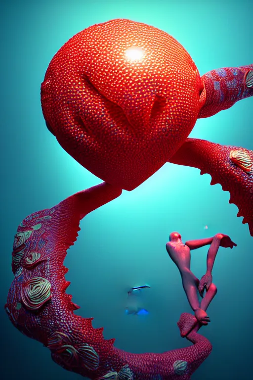 Prompt: a sculpture of fish ocean intertwined, diode lighting, a lovely cornucopia of flowers and human body parts, body parts, heart shaped, highly detailed, octane render, cinematic, shock, sharp focus, ball, an independent psycho, clean, studio lighting