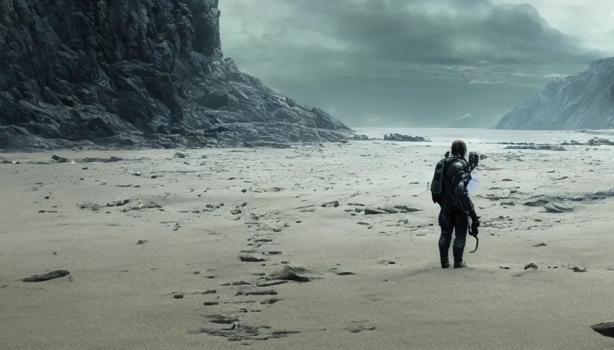 Image similar to Death Stranding, detailed high contrast lighting, spherical lens, IMAX cinematography by Roger Deakins 4k