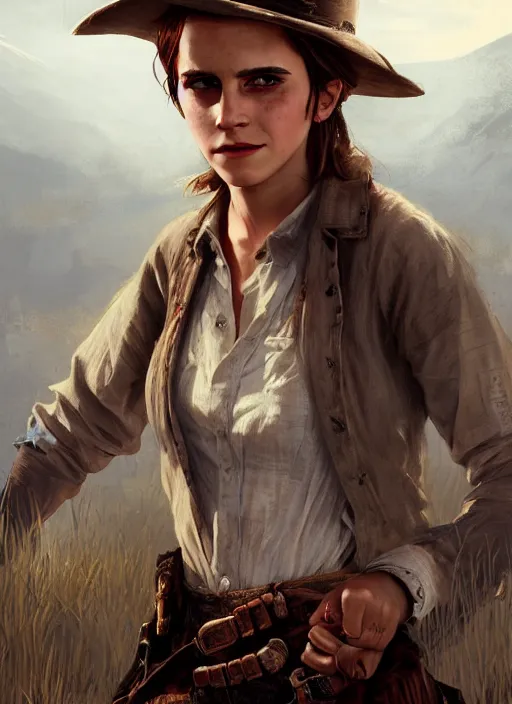 Image similar to highly detailed full body portrait of emma watson red dead redemption art, horse back, unreal engine, fantasy art by greg rutkowski