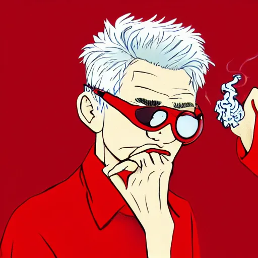 Prompt: young man in red jacket and white shirt, white hair, round goggles, smoking cigarette, character portrait, sharp focus, illustration