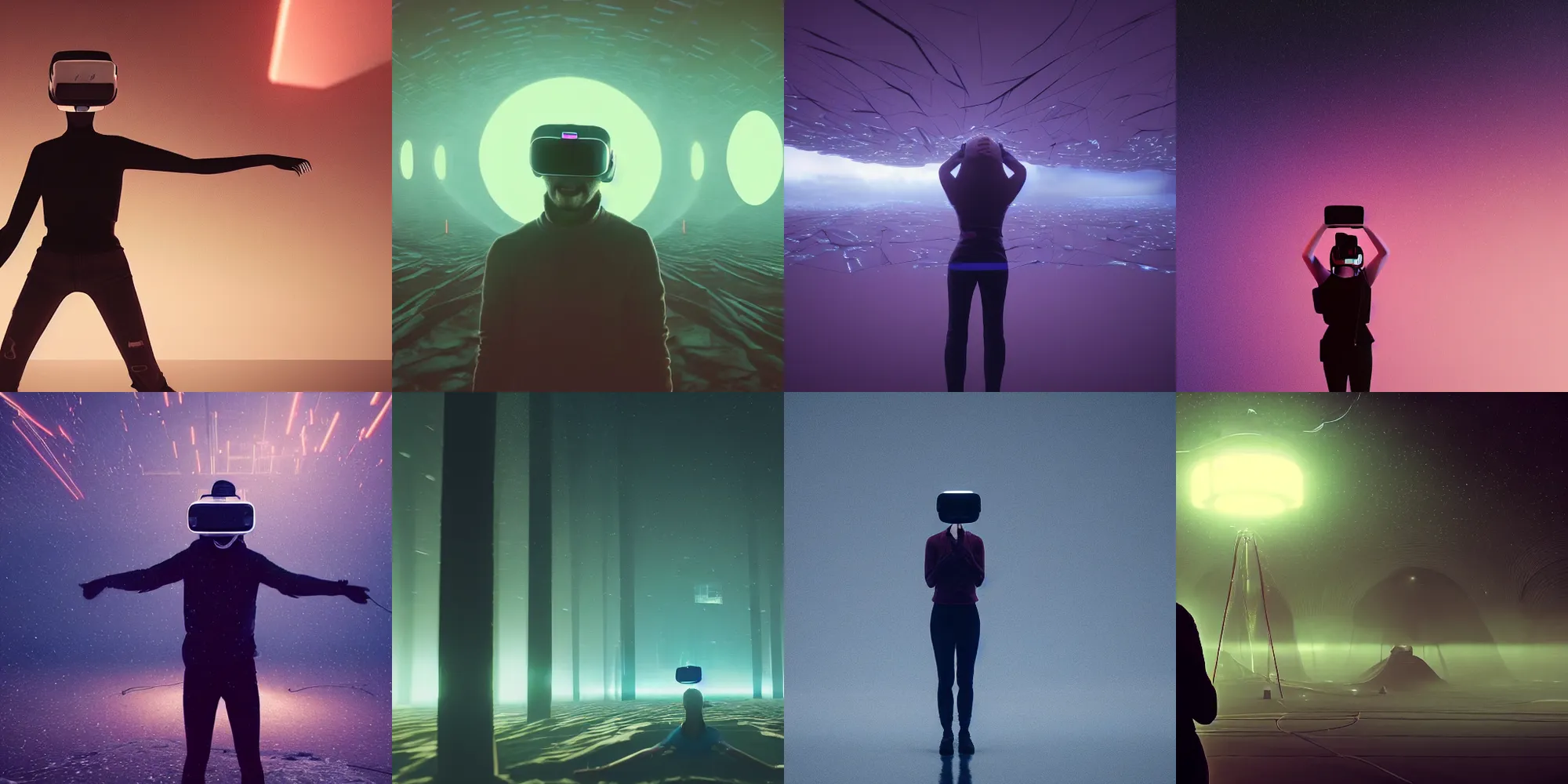 Image similar to beautiful dark landscape, person screaming wearing virtual reality, in the style of beeple and Mike Winkelmann, intricate, epic lighting, cinematic composition, hyper realistic, 8k resolution, unreal engine 5,