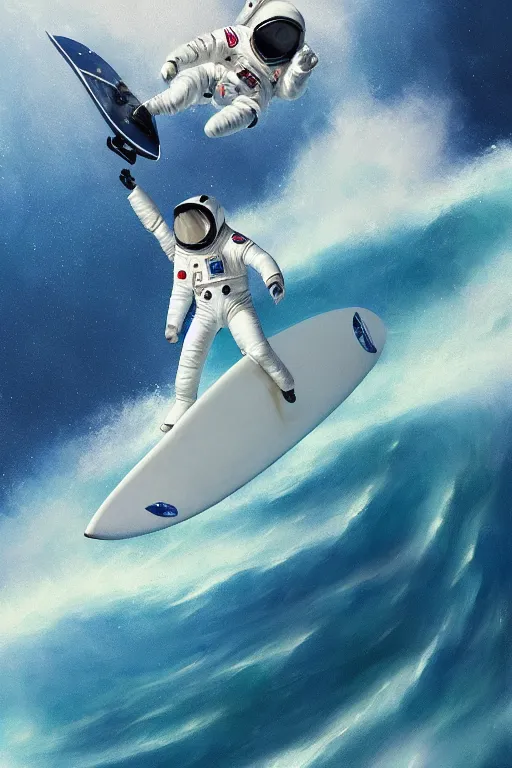 Image similar to a beautiful digital painting of an astronaut in a white space suit surfing the great wave on a surfboard by greg rutkowski, photorealistic, trending on artstation, octane render