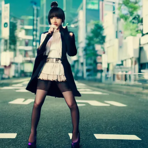 Image similar to a dynamic, epic cinematic 8K HD movie shot of a japanese beautiful cute young J-Pop idol actress yakuza rock star girl wearing shirt, miniskirt, tights, high heels boots, gloves and jewelry. Motion, VFX, Inspirational arthouse, at Behance, with Instagram filters