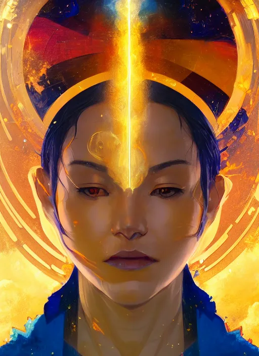 Prompt: a golden woman with blue adornments quarter turn figurative anime portrait, in space, transcending to a higher plane in the multiverse, lazer light beaming down to top of her head, asymmetrical , Noah Bradley, Maciej Kuciara