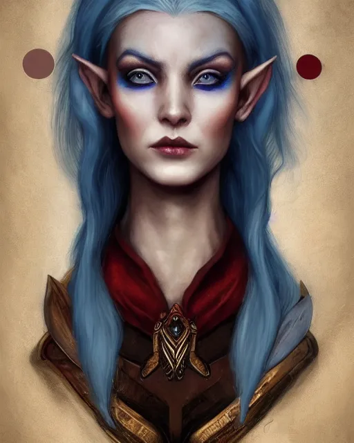 Prompt: A detailed matte oil on canvas head on symmetrical portrait of a distinguished elven woman with half red and half blue hair (((((makeup))))) and ((((eye shadow)))) by Charlie bowater and lise deharme wlop, trending on artstationhd, dungeons and dragons art, critical role, split hair dye, half and half dye, two tone dye
