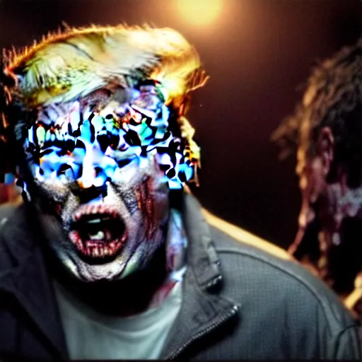 Image similar to donald trump as zombie in the walking dead. movie still. cinematic lighting