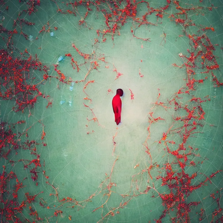 Image similar to human with the sea and the forest inside, veins diverge through the body like rivers filmed on a satellite, a person is decorated with wild berries, a beautiful bird is looking at him next, colorful picture