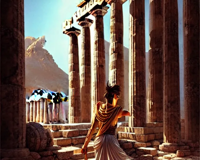 Prompt: Athena in the Athena Temple in Greece, highly detailed, intricate architecture, sharp focus, fantasy art by Artgerm and Greg Rutkowski and WLOP