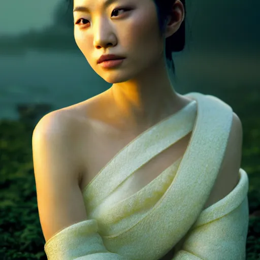 Prompt: photographic portrait of a stunningly beautiful asian renaissance female in soft dreamy light at sunset, beside the river, soft focus, contemporary fashion shoot, in a denis villeneuve and tim burton movie, by edward robert hughes, annie leibovitz and steve mccurry, david lazar, jimmy nelsson, extremely detailed, breathtaking, hyperrealistic, perfect face, octane render