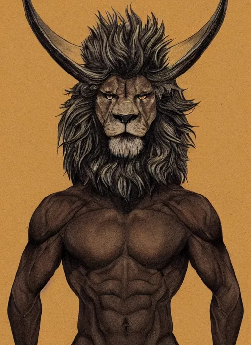 Image similar to a mighty strong creature with the body and eyes of a man, with the beak of an eagle, the mane of a lion, and the horns of an ox. drawn by boris valejo