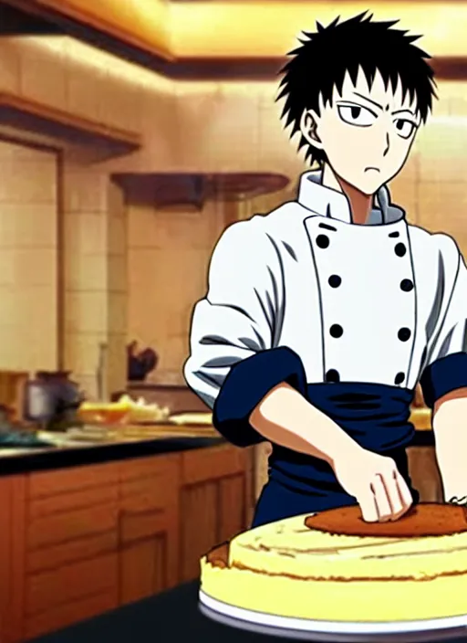 Prompt: chef saitama one punch man, dressed as a pastry chef, fiercely focused at making a cake, beautiful anime artwork