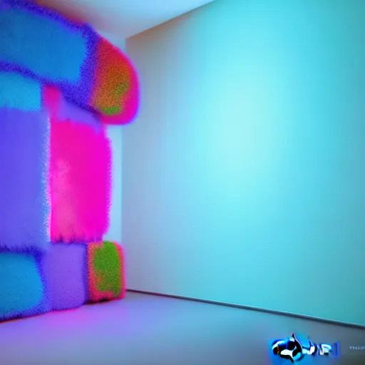 Image similar to : colorful abstract fuzzy sculpture on the wall in modern architecture studio, cinematic lighting, hyper - realistic, detailed, render by c 4 d octane, unreal engine, 8 k 3 d render