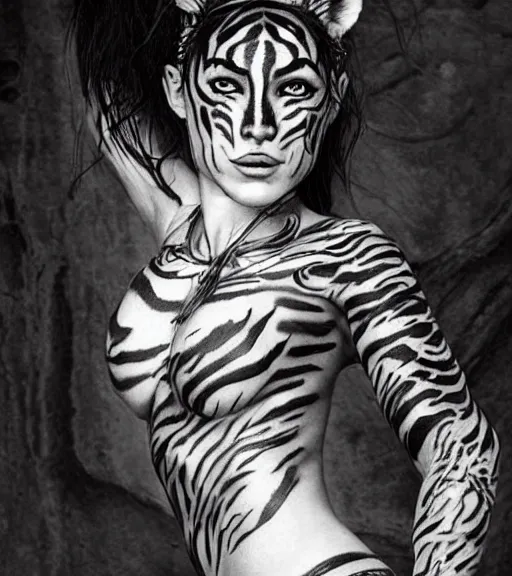 Image similar to tattoo design of a beautiful girl warrior under a tiger head, hyper realistic, realism tattoo, by eliot kohek, beautiful eyes, realistic face, black and white, white background