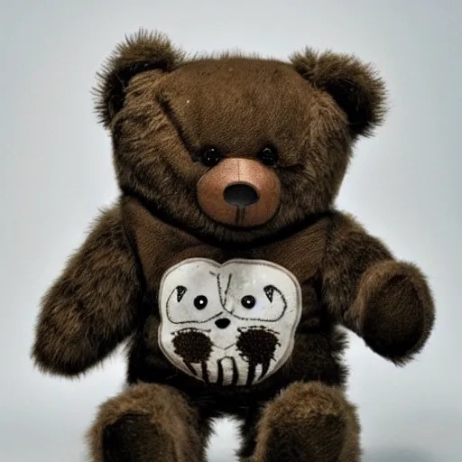 Prompt: a cute but also terrible teddybear, messed up by h. r. giger