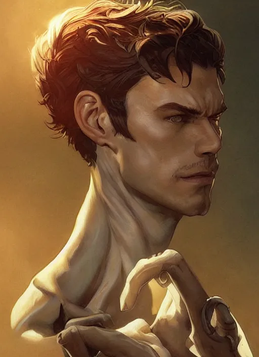 Prompt: a handsome man. he is a dino man, a dinosaur themed superhero. clean elegant painting, beautiful detailed face. by artgerm and greg rutkowski and alphonse mucha