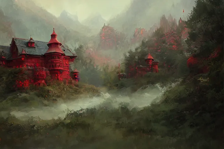 Image similar to A red castle with forested mountains in the background, oil painting, detailed, high fantasy, soft lighting, by Ruan Jia and Mandy Jurgens