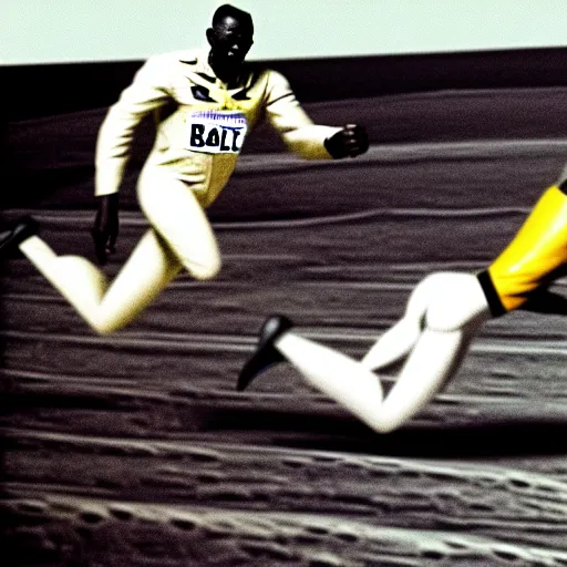 Image similar to usain bolt racing against an astronaut on the moon, kodachrome film