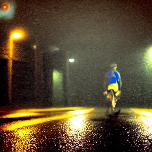 Image similar to first person viewpoint, night time POV, cyclist looking towards the end of a steep rain soaked suburban hilly road, night scene, wet road, filigrees of gold on the tarmac amber light, 90s