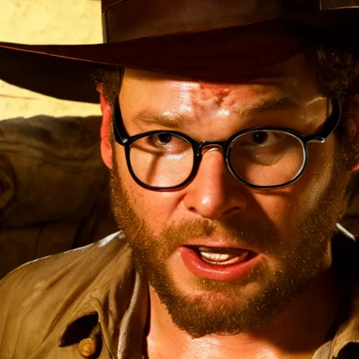 Image similar to Seth Rogen as indiana jones in raiders of the lost ark, 8k resolution, full HD, cinematic lighting, award winning, anatomically correct