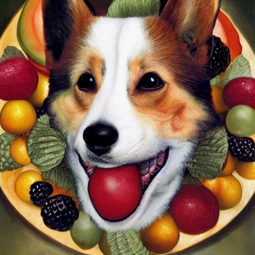 Prompt: portrait of a corgi dog made with fruits, by giuseppe arcimboldo, highly detailed, airbrush, 4 k