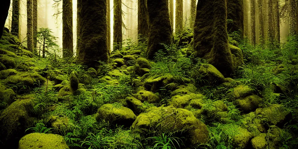 Image similar to lush rocky forest, dense vegetation, against light, bright details, contrasting, daylight, highly detailed, by dieter rams 2 0 0 0, national geographic magazine, reportage photo, natural colors