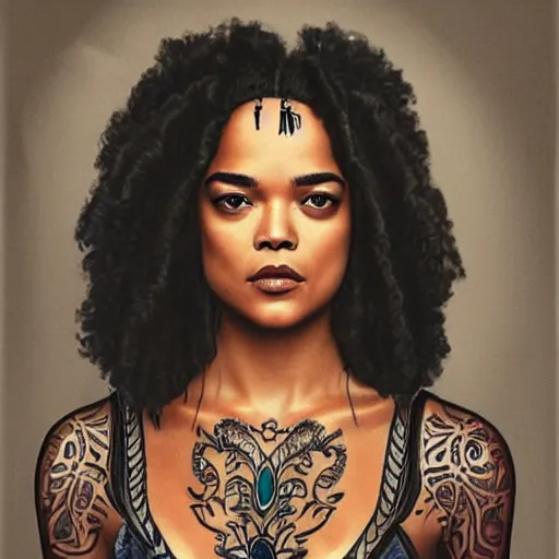 Prompt: A portrait of Tessa Thompson with exotic, intricate face tattoos , beautiful!!! digital art