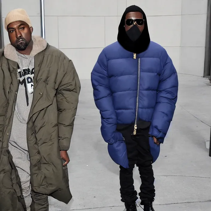 Image similar to kanye west using a full face covering black mask, a blue round puffer jacket made of nylon and big black rubber boots,