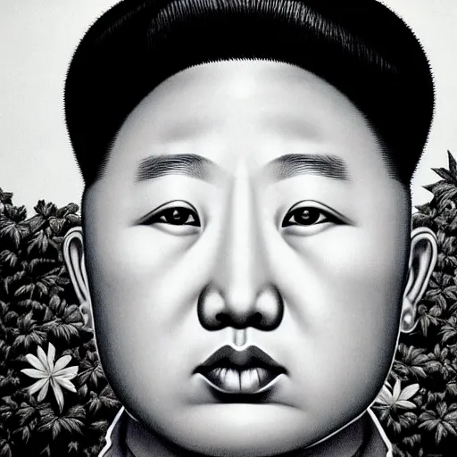 Prompt: araki nobuyoshi style close - up photography of realistic detailed north korean kim chen with detailed face smelling detailed weed bush