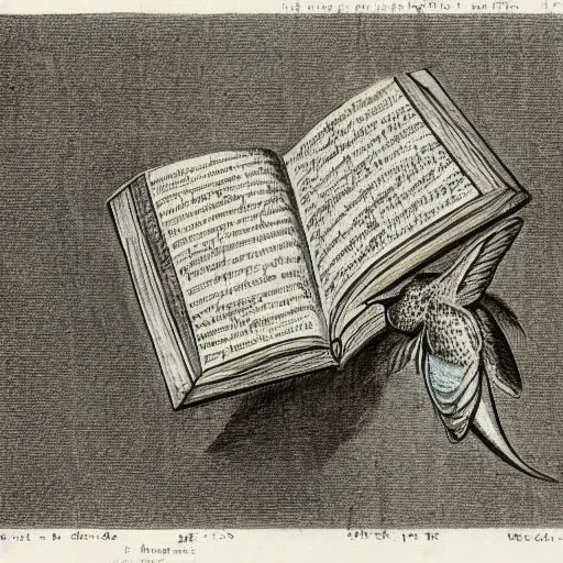 Image similar to an ancient book containing a humming bird drawing , worn out pages, baroque, sketch