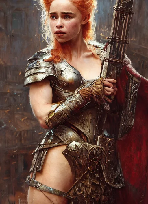 Image similar to short muscular redheaded woman wearing realistic medieval armour, young emilia clarke face paint orchids detailed by gaston bussiere, bayard wu, greg rutkowski, giger, maxim verehin, greg rutkowski, masterpiece, sharp focus, cinematic lightning