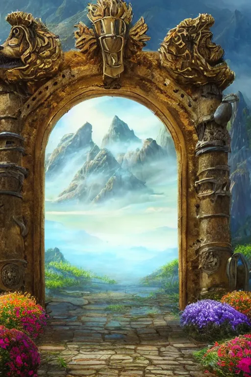 Image similar to A giant medieval fantasy energy portal gate with a rusty gold carved lion face with blue glowing eyes at the center of the gate, the portal takes you to another world, full of colorful flowers on the lost Vibes and mountains in the background, spring, delicate fog, sea breeze rises in the air, by andreas rocha and john howe, and Martin Johnson Heade, featured on artstation, featured on behance, golden ratio, ultrawide angle, f32, well composed, rule of thirds, center spotlight, low angle view