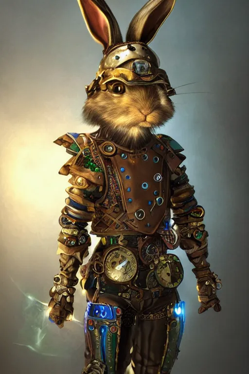 Image similar to ultra realist soft painting of a single steampunk rabbit warrior, very intricate details, volumetric rainbow lighting, reflections, refractions, symmetry accurate humanoid anatomy features, unreal render