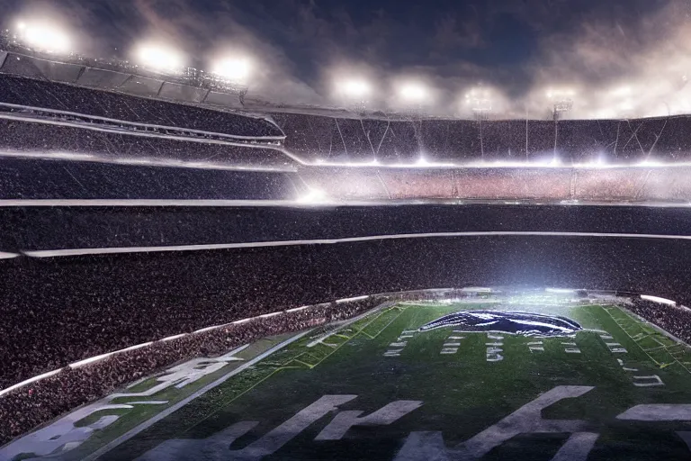 Image similar to a humpback whale flying over the NFL Super Bowl Stadium cinematic lighting by Jessica Rossier