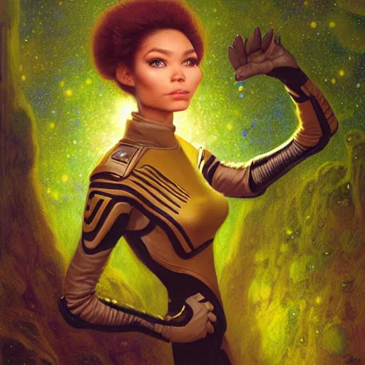 Prompt: a portrait of a female alien in starfleet uniform at night in a dark forest. zootopia fursona furaffinity furry art detailed face painting by gaston bussiere craig mullins jc leyendecker gustav klimt artgerm greg rutkowski furry