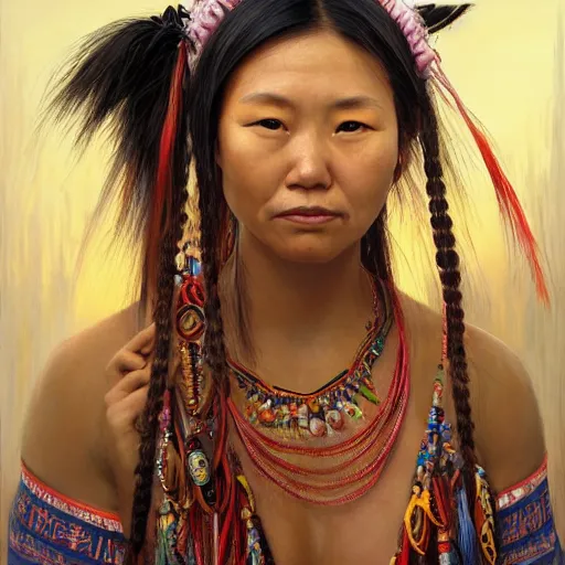 Image similar to portrait of an aboriginal taiwanese amis pangcah woman ( 3 5 ) from taiwan in 2 0 2 1, an oil painting by ross tran and thomas kincade