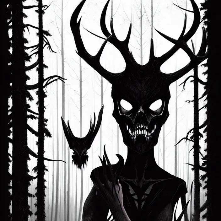 Image similar to style artgerm, joshua middleton, rafael albuquerque : : scary wendigo with antlers and skull face mixed with werewolf : : [ [ beautiful witch wearing a black dress, symmetrical face, on the right side ] ] : : in the forest, detailed, dark and foggy, cinematic lighting