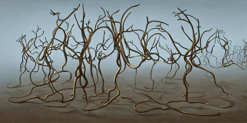 Prompt: handmade plaxiglas sculpture with branches and twigs, in a painting made by yves tanguy, sculpted by david smith, painting by kay sage, by nate boyce, digital sculpture, by tyler edlin and jean delville, by john berkey and filip hodas, highly detailed, soft lighting, rendered in octane, oil on canvas, cinematic lighting, vibrant