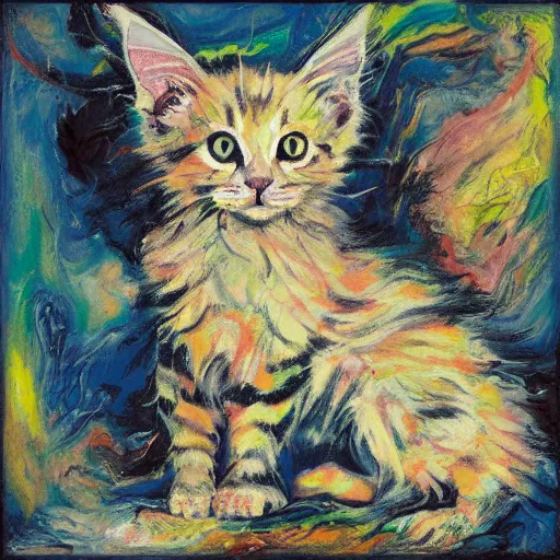 Image similar to a cream - colored maine coon kitten, digital art, abstract expressionists, jackson pollock, willem de kooning. energy influenced by both nature and music