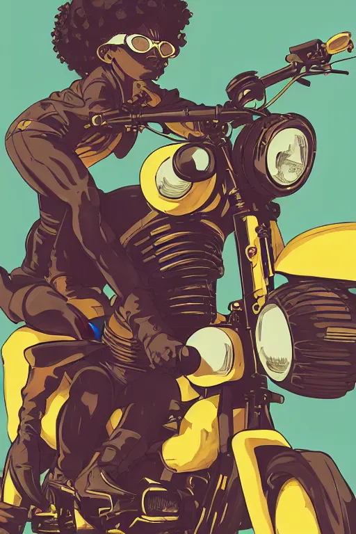 Image similar to black woman with goggles riding motorbike, afro hair, clean lines, bold outline, golden ratio, cowboy bebop, pop art, graphic, ilya kuvshinov, jamie hewlett, yoji shinkawa, muted colors, beautiful detailed illustration, 17th century oil painting, flat colors, studio ghibli, cel shading,