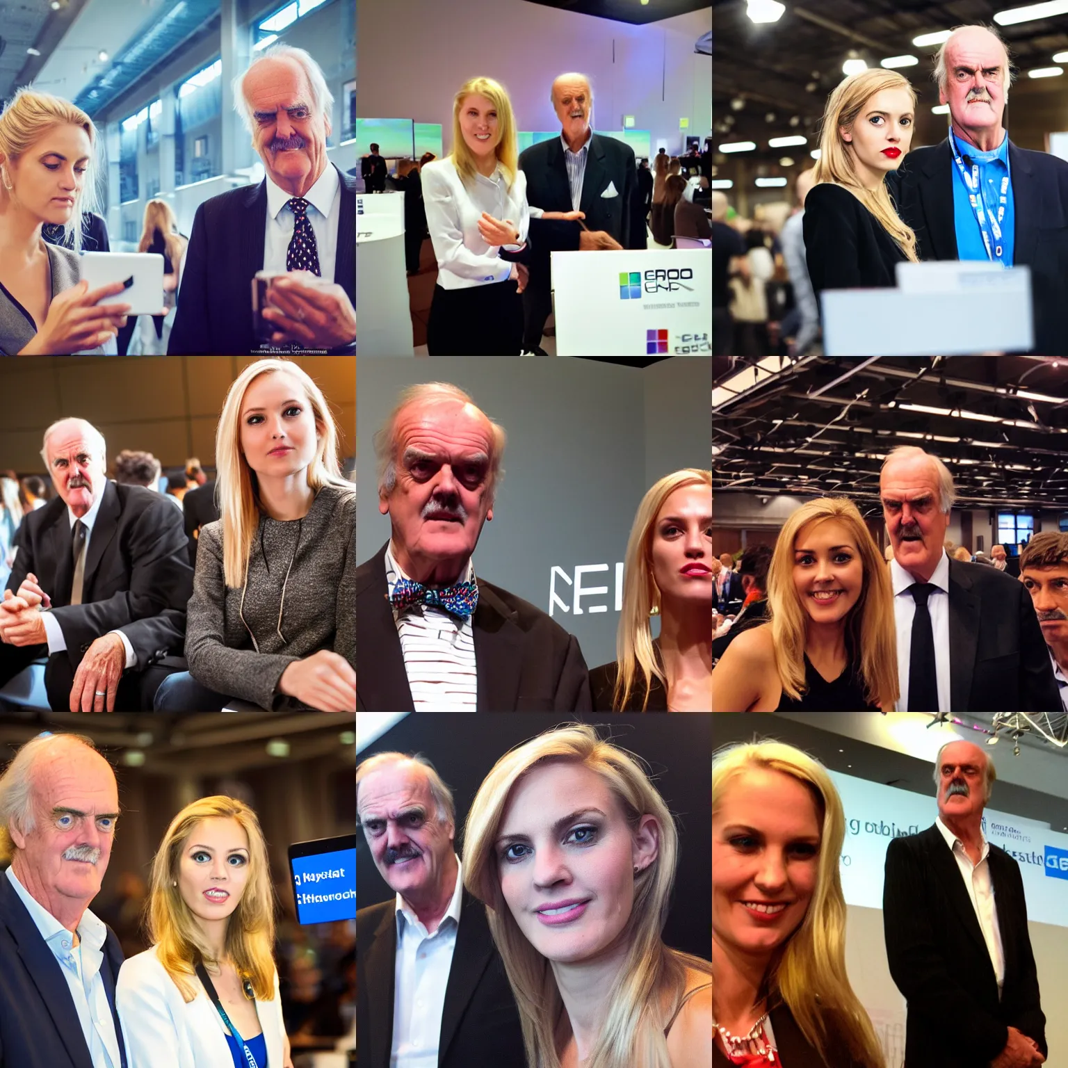 Prompt: a gopro photo showing an attractive young blond woman standing next to john cleese at a hightech conference, hyper realistic, sharp focus, depth of field, hyper detailed