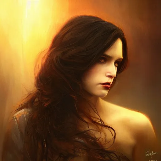 Image similar to majestic gracious regal aristocratic brunette female vampire portrait, atmospheric lighting, painted, menacing, intricate, volumetric lighting, beautiful, rich deep colours masterpiece, golden hour, sharp focus, hyper realistic, ultra detailed, by leesha hannigan, ross tran, thierry doizon, kai carpenter, ignacio fernandez rios