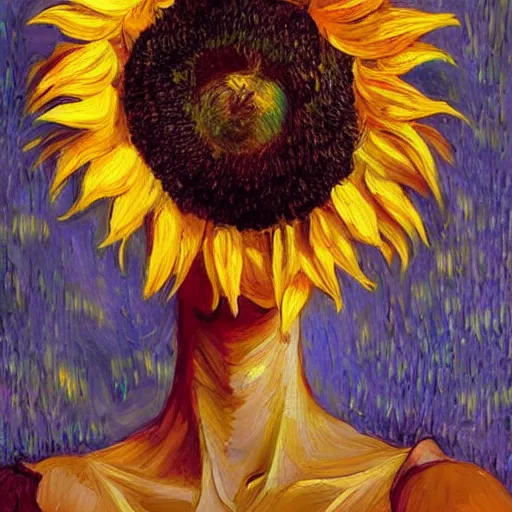 Image similar to giant sunflower head, woman in a luxury apartment, surreal, dramatic light, impressionist painting, digital painting, artstation, van gogh