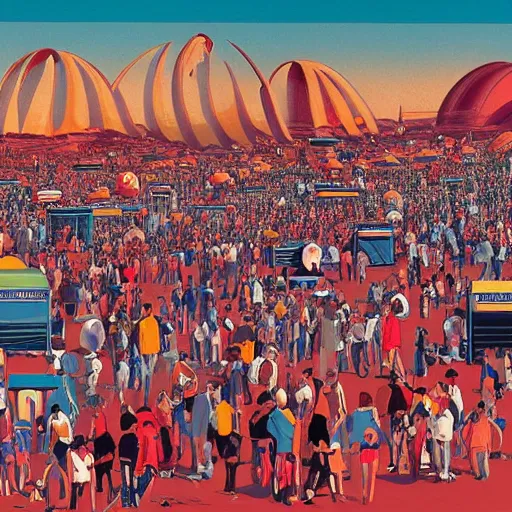 Prompt: A busy, crowded festival on Mars with 2 million people, 80's style retro futuristic art