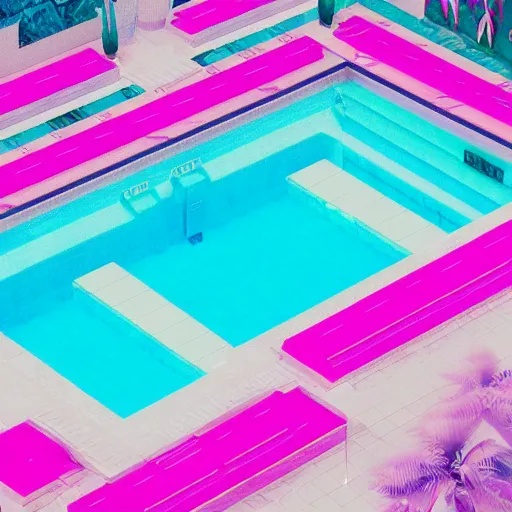 Prompt: vaporwave swimming pool with nobody, pinkish color