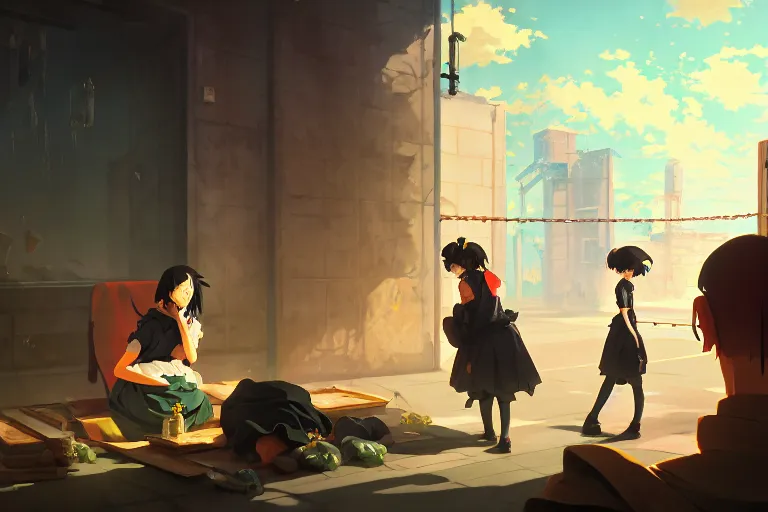 Image similar to baroque oil painting of key visual concept art of anime maids chaining captured pows to trucks, brutalist, dark fantasy, rule of thirds golden ratio, fake detail, trending pixiv fanbox, acrylic palette knife, style of makoto shinkai studio ghibli genshin impact james gilleard greg rutkowski chiho aoshima