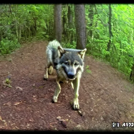 Image similar to werewolf caught on trailcam 8 k detailed