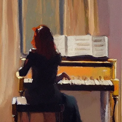 Prompt: a painting of a woman playing a piano, an acrylic painting by Raymond Leech, featured on pinterest, figurative art, oil on canvas, acrylic art, art on instagram