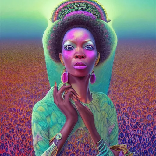 Prompt: a regal and elegant african queen opal gemstones for eyes wading in a pink late at sunset, by zdzislaw beksinski and thomas kinkade and amanda sage and android jones in a surreal portrait style, psychedelic, very symmetrical, digital illustration, trending on artstation, 8 k, hd, wide angle dynamic portrait